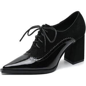 Black Suede Patent Leather Victorian Lace Up Pointed Toe Block Heel Oxfords 7.5